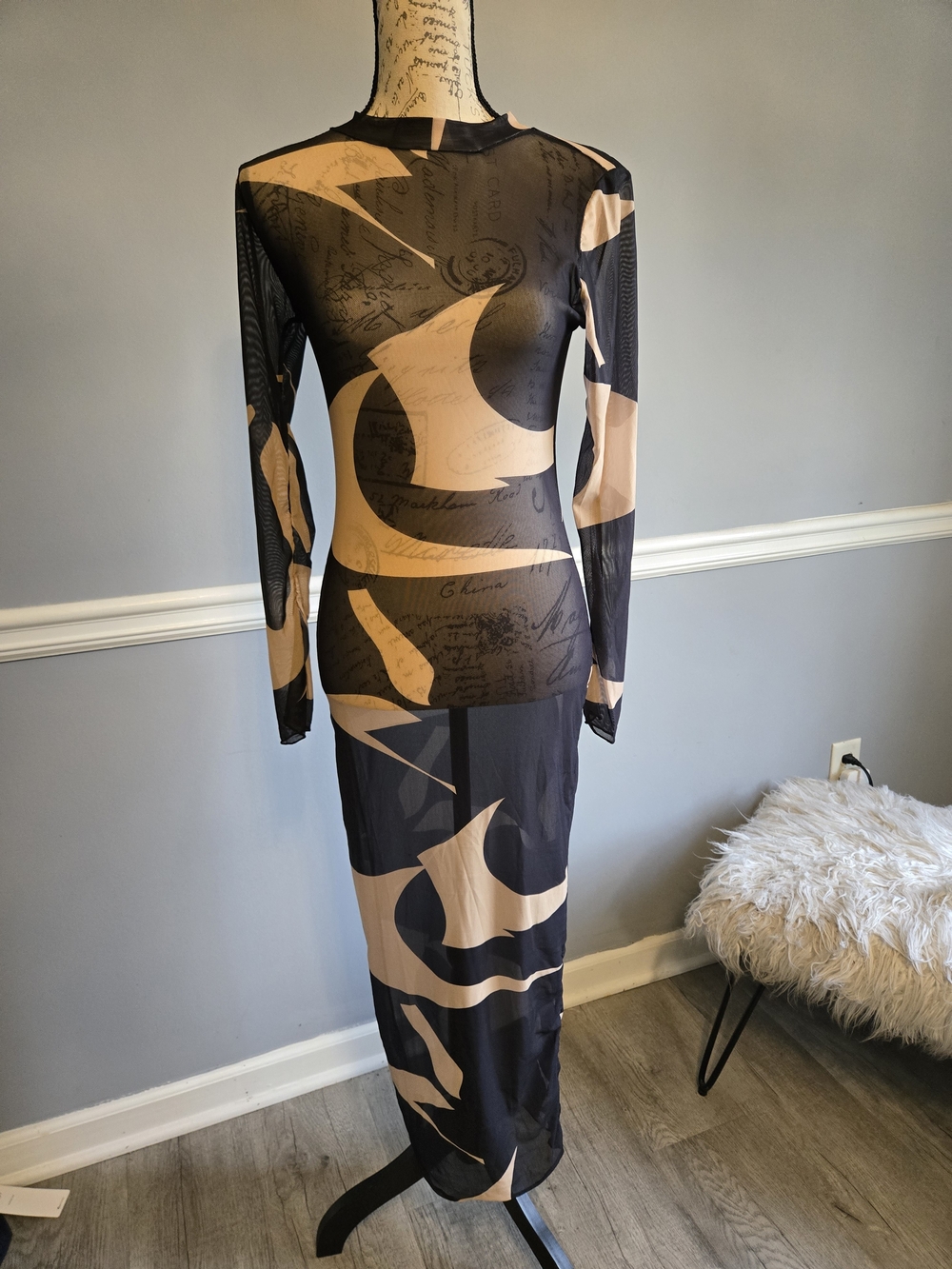 See  through Maxi Dress in Beige and Black